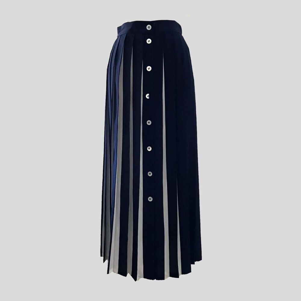 Vintage 1980s Liz Claiborne Blue White Striped Accordion Pleated Midi Skirt S